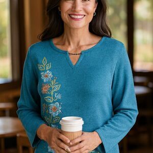 Alfred Dunner Teal Embroidered Floral Sweater 2X